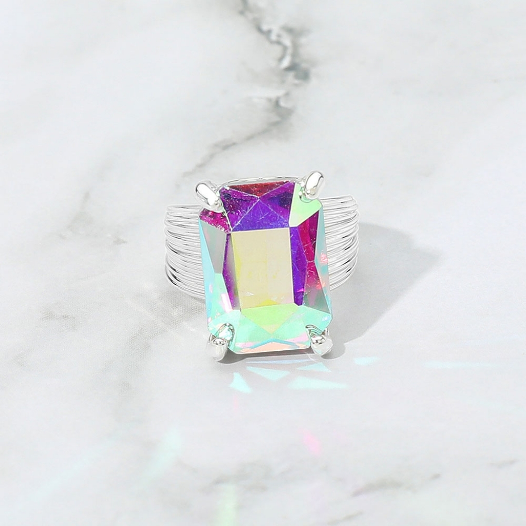 Abalone Silver Emerald Cut Crystal Adjustable Ring Fashion Statement Jewelry 30$
